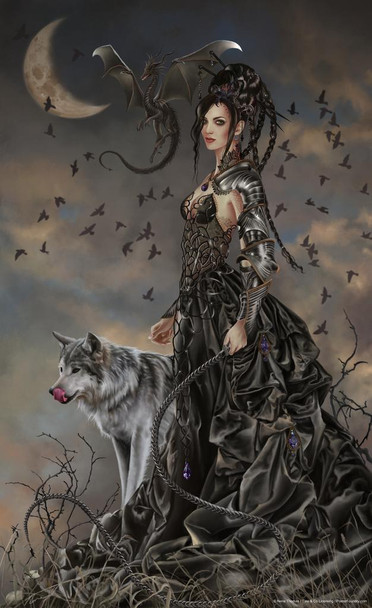 Laminated Goth Dominatrix Bella With Wolf Poster by Nene Thomas Sexy Black Leather Goddess Witch Fantasy At Night Poster Dry Erase Wall Art 24x36