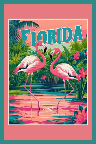 Laminated Florida Flamingo Pair Nature Travel Poster Poster Dry Erase Wall Art 24x36