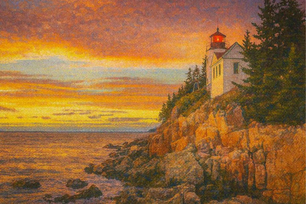 Laminated Acadia National Park Pointillist Lighthouse Sunset Wall Art Print Poster 24x36