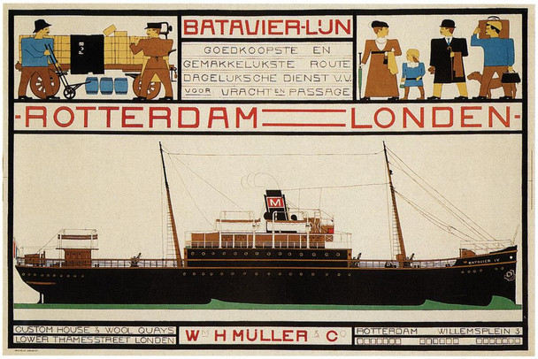 Laminated Batauier Lun Rotterdam London Ocean Freight Ship Vintage Travel Poster Dry Erase Wall Art 16x24