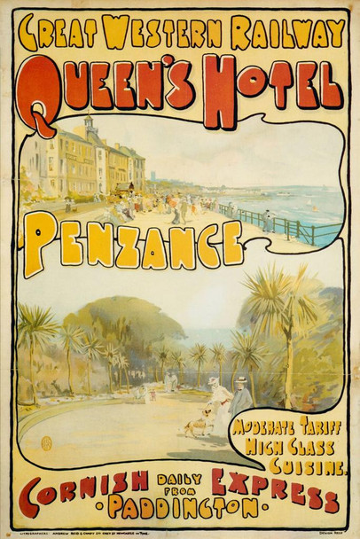 Laminated Great Western Railway Penzance Paddington Station London Vintage Travel Poster Dry Erase Wall Art 16x24