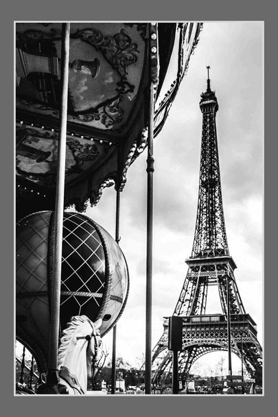 Laminated Eiffel Tower and Paris Carousel Black and White Parisian Poster Dry Erase Wall Art 16x24