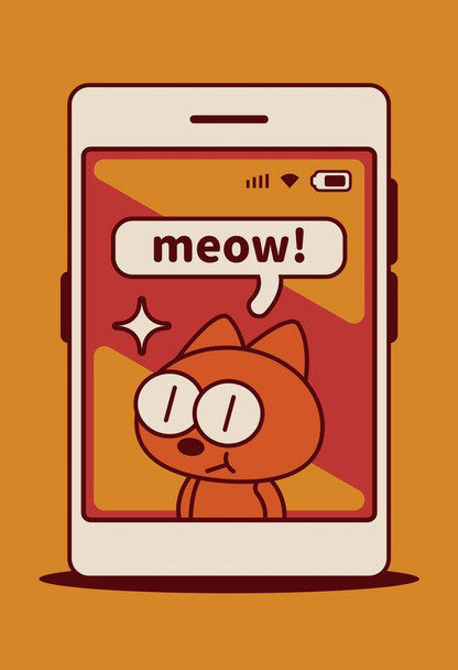 Laminated Cute Cat Meow Phone Screen Cartoon Art Poster Dry Erase Wall Art 24x36