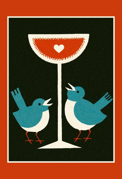 Two Blue Birds Wine Glass Folk Art Print Cool Wall Art Print Poster 24x36