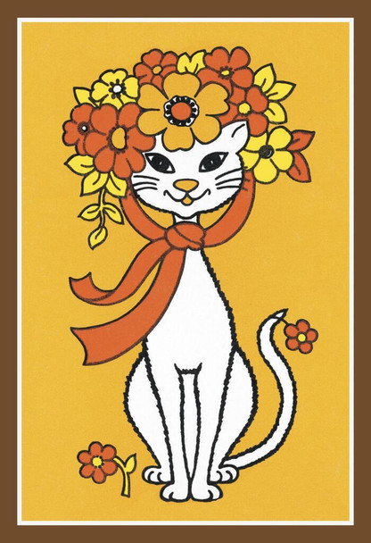 Laminated Flower Crown Cat Retro Folk Art Cute Kitty Decor Poster Dry Erase Wall Art 16x24