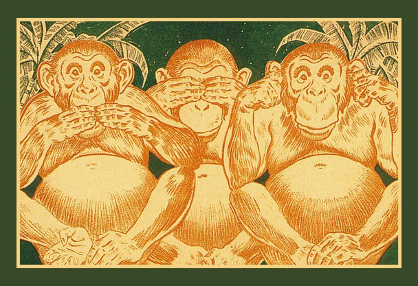 Three Wise Monkeys Vintage Illustration Funny Wall Decor Cool Wall Art Print Poster 16x24