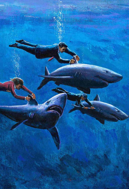 Swimming With Sharks Vintage Underwater Illustration Office Wall Art Print Poster 24x36