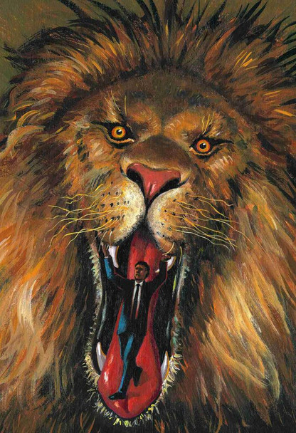 Man in Lions Jaw Surreal Danger Art Funny Office Decor Cool Wall Art Print Poster 12x18