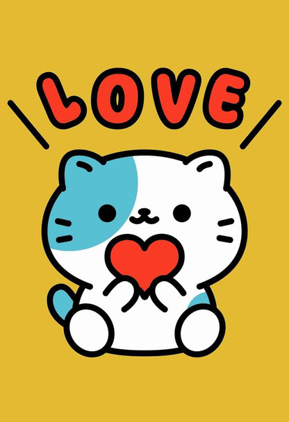 Cute Kawaii Calico Cat Holding Heart Love Valentine Gift Cool Wall Art Print Poster 12x18