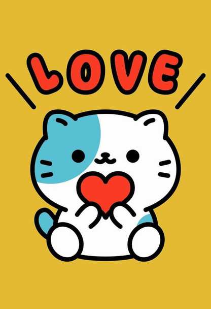 Laminated Cute Kawaii Calico Cat Holding Heart Love Valentine Gift Poster Dry Erase Wall Art 16x24