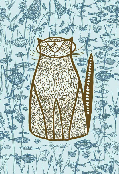 Laminated Blue Cat Fish Birds Folk Art Illustration Vintage Animal Poster Dry Erase Wall Art 24x36