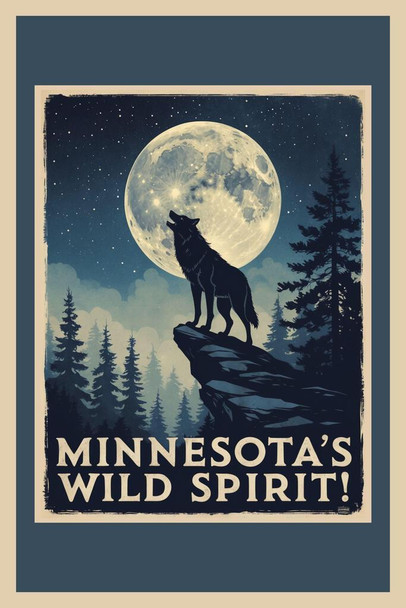 Minnesota Wild Spirit Wolf Howling At Moon Retro Travel Poster Cool Wall Art Print Poster 16x24