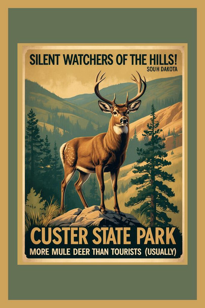South Dakota Custer State Park Mule Deer Retro Travel Poster Cool Wall Art Print Poster 16x24