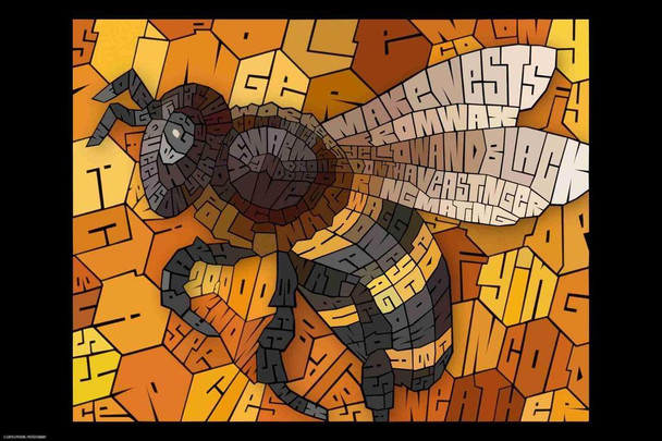 Curtis Epperson Honey Bee Word Mosaic Art Hand Drawn Cool Wall Art Print Poster 24x36