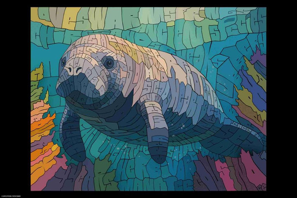 Curtis Epperson Manatee Word Mosaic Art Hand Drawn Cool Wall Art Print Poster 12x18