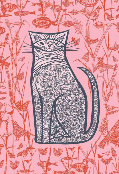 Pink Cat Fish Birds Folk Art Illustration Vintage Animal Whimsical Cool Wall Art Print Poster 16x24