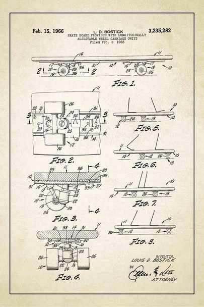 Vintage Skateboard Patent Drawing Print Poster 16x24