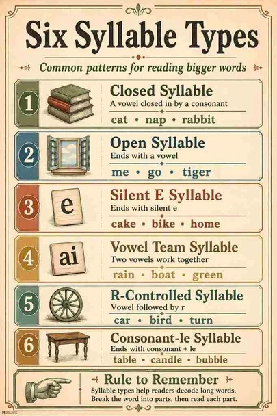 Phonics Posters Six Syllable Types Vintage Classroom Cool Wall Art Print Poster 16x24