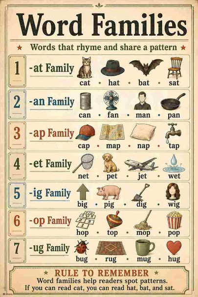 Phonics Posters Word Families Vintage Classroom Cool Wall Art Print Poster 16x24