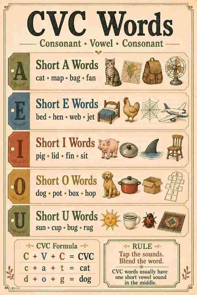 Phonics Posters CVC Words Vintage Classroom Cool Wall Art Print Poster 16x24