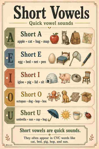 Phonics Posters Short Vowels Vintage Classroom Cool Wall Art Print Poster 16x24