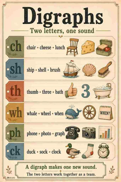 Phonics Posters Digraphs Vintage Classroom Cool Wall Art Print Poster 16x24