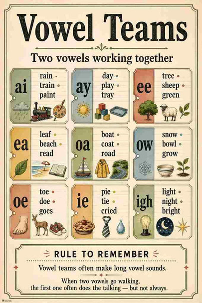 Phonics Posters Vowel Teams Vintage Classroom Cool Wall Art Print Poster 24x36