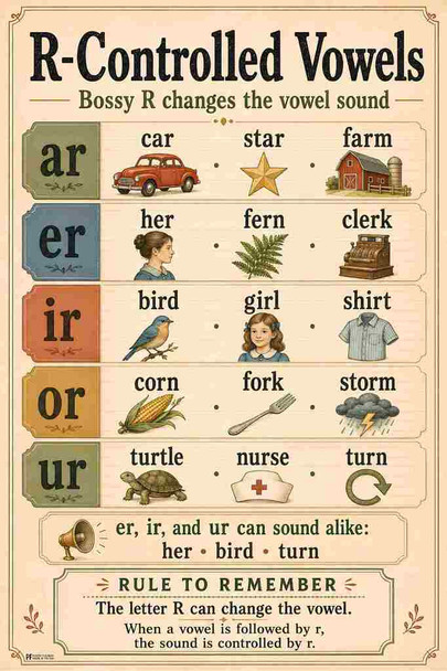 Phonics Posters R Controlled Vowels Vintage Classroom Cool Wall Art Print Poster 12x18