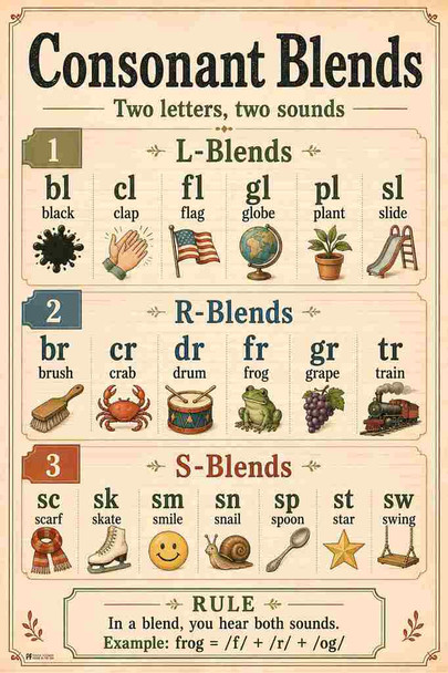 Phonics Posters Consonant Blends Vintage Classroom Cool Wall Art Print Poster 12x18