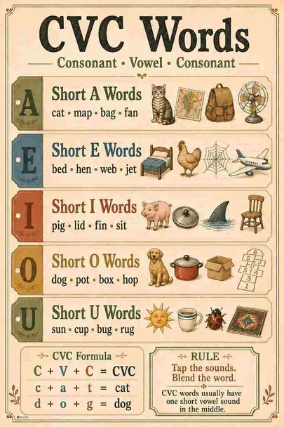 Phonics Posters CVC Words Vintage Classroom Cool Wall Art Print Poster 12x18