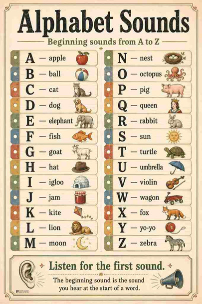 Phonics Posters Alphabet Sounds Vintage Classroom Cool Wall Art Print Poster 12x18