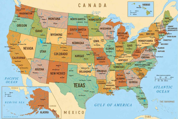 Lake America Map of the United States Print Poster 18x12