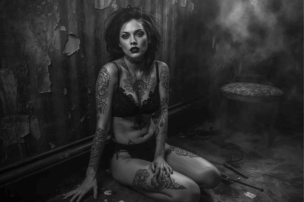 Laminated Dark Desires Gothic Woman Sitting On Floor Rose Tattoo Wall Art Print Poster 12x18