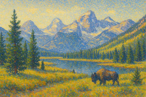 Laminated Yellowstone National Park Pointillist Bison and Mountains Wall Art Print Poster 12x18