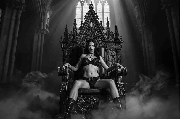 Laminated Dark Desires Gothic Woman on Throne in Cathedral Wall Art Print Poster 12x18