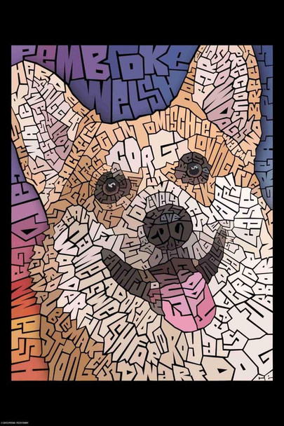 Laminated Curtis Epperson Corgi Dog Word Mosaic Art Hand Drawn Poster Dry Erase Wall Art 12x18