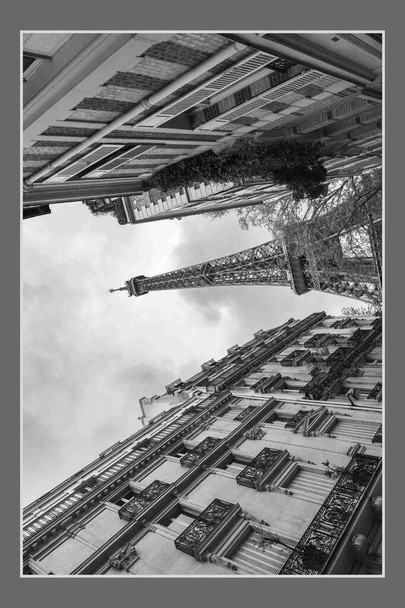 Laminated Eiffel Tower Framed by Parisian Buildings Black And White Poster Dry Erase Wall Art 12x18