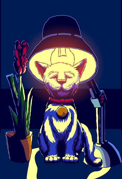 Laminated Cozy Cat Under Lamp Night Light Art Poster Dry Erase Wall Art 12x18