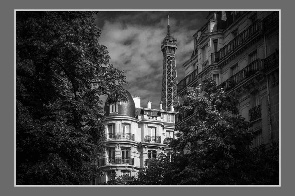 Laminated Eiffel Tower Framed By Parisian Buildings Black and White Wall Art Print Poster 12x18