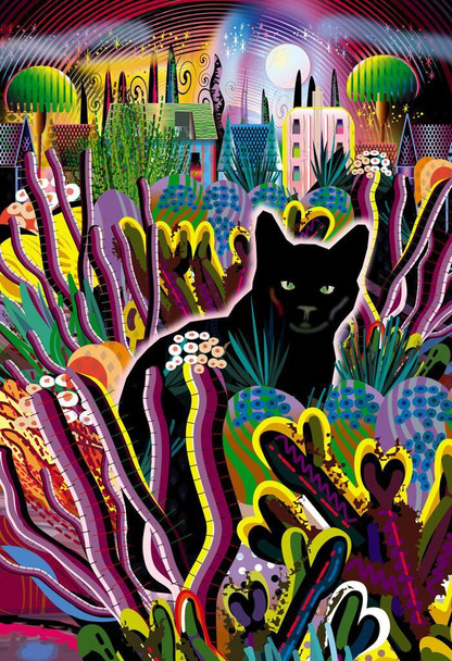 Laminated Black Cat In Cactus Garden Night Art Poster Dry Erase Wall Art 12x18