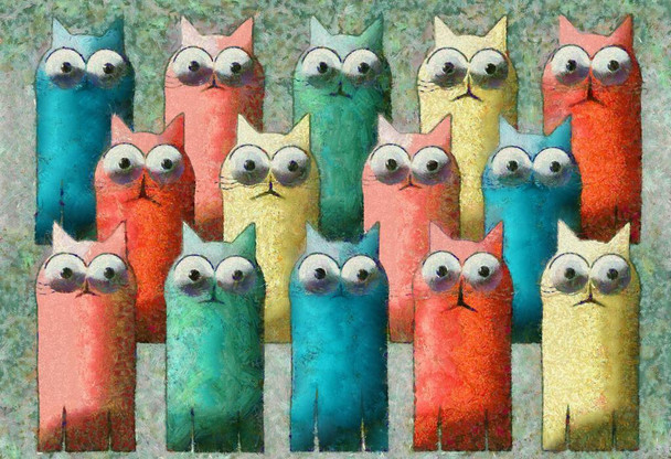 Laminated Colorful Cat Crowd Painting Funny Modern Cat Art Poster Dry Erase Wall Art 12x18