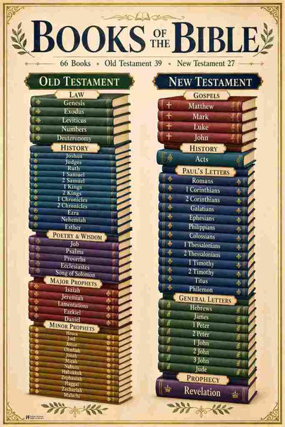 Laminated Books Of The Bible Poster Stacked Catholic Poster Dry Erase Wall Art 24x36
