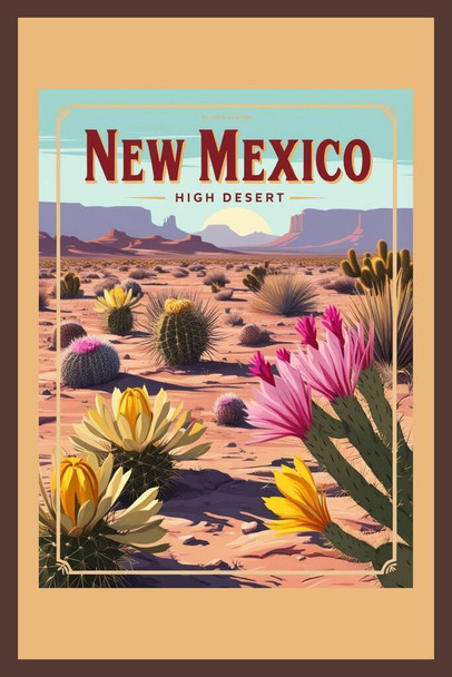 Laminated New Mexico High Desert Flowering Cactus Travel Poster Poster Dry Erase Wall Art 24x36