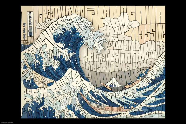 Laminated Curtis Epperson Great Wave Word Mosaic Art Hand Drawn Poster Dry Erase Wall Art 24x36