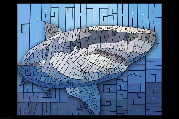 Laminated Curtis Epperson Shark Word Mosaic Art Hand Drawn Poster Dry Erase Wall Art 24x36
