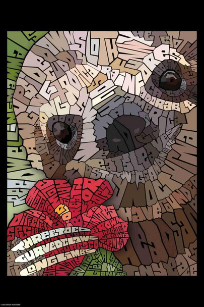 Laminated Curtis Epperson Sloth Word Mosaic Art Hand Drawn Poster Dry Erase Wall Art 24x36