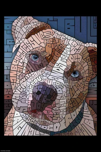 Laminated Curtis Epperson Pitbull V1 Word Mosaic Art Hand Drawn Poster Dry Erase Wall Art 24x36