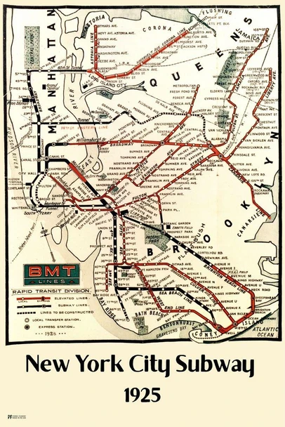 Laminated New York Subway 1925 BMT Vintage Map Print Poster 24x36