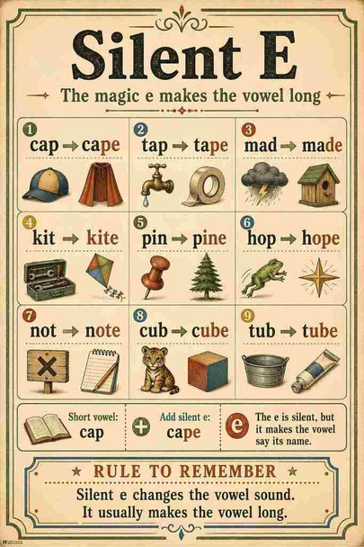Laminated Phonics Posters Silent E Vintage Classroom Poster Dry Erase Wall Art 24x36