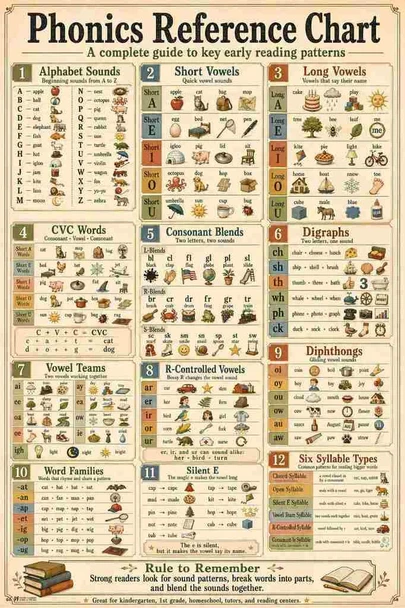 Laminated Phonics Reference Chart Complete Guide Vintage Classroom Poster Dry Erase Wall Art 24x36